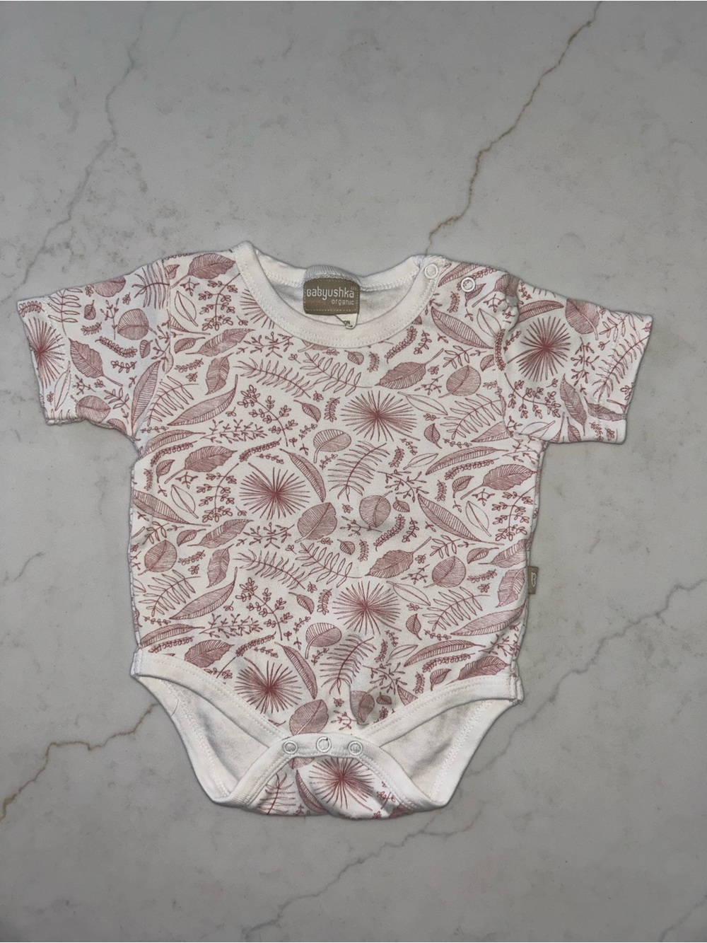 Babyushka Pink Botanical Print Short Sleeve Onesie - 6-9 Months